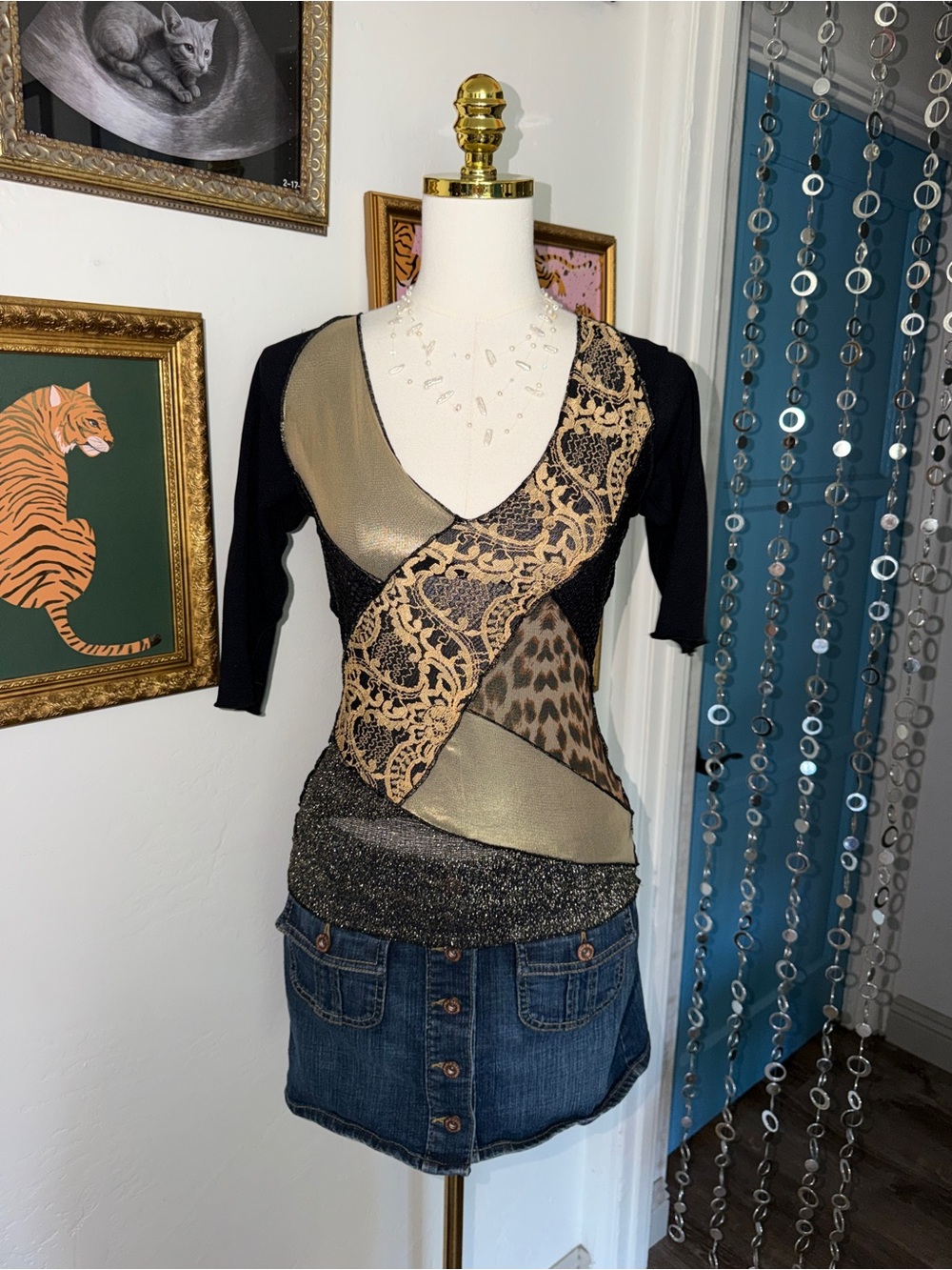 Vintage Y2K Abstract Animal-Print Patchwork V-Neck Top - Black & Gold